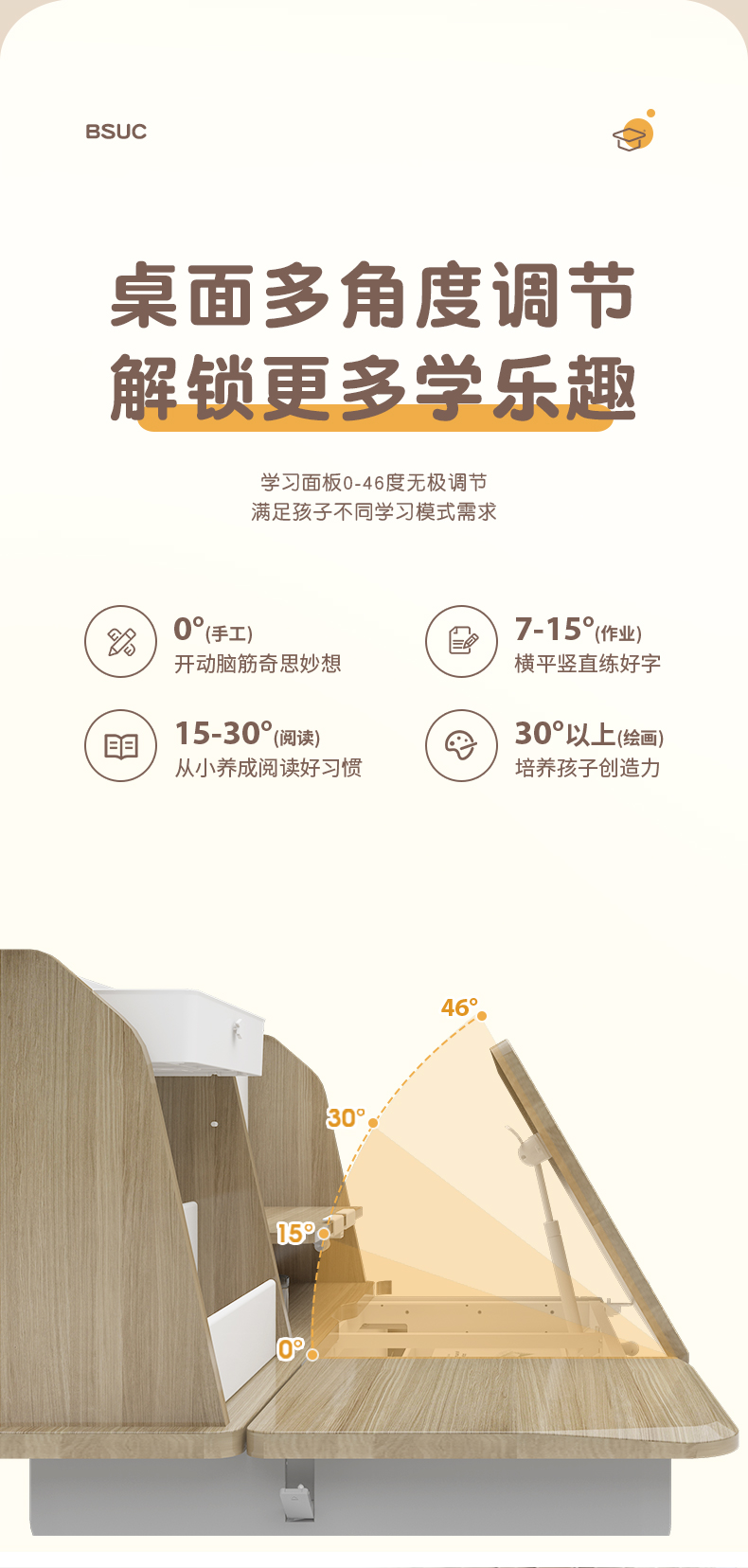 博士魔法12011书桌面板可0-46度无极调节，满足孩子不同学习模式需求